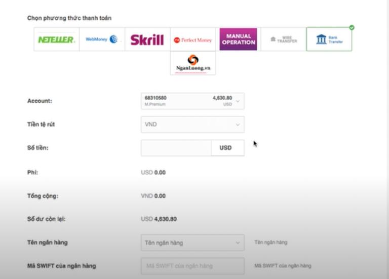 Rút tiền từ sàn Forex trên Mtrading