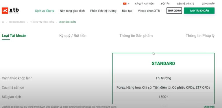 Sàn XTB chỉ sử dụng tài khoản Standard