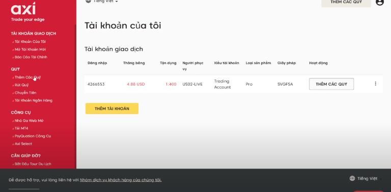 Nạp tiền trên sàn AxiTrader