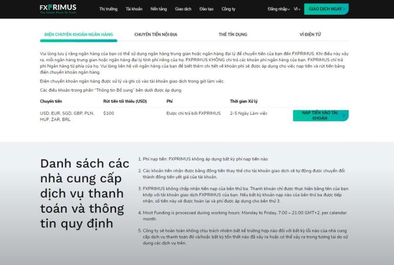 Sàn FXPrimus cung cấp cho nhà đầu tư nhiều hình thức nạp rút tiền
