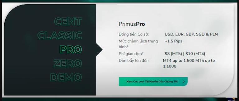 FXPrimus có các loại tài khoản chính là Cent, Classic, Pro và Zero