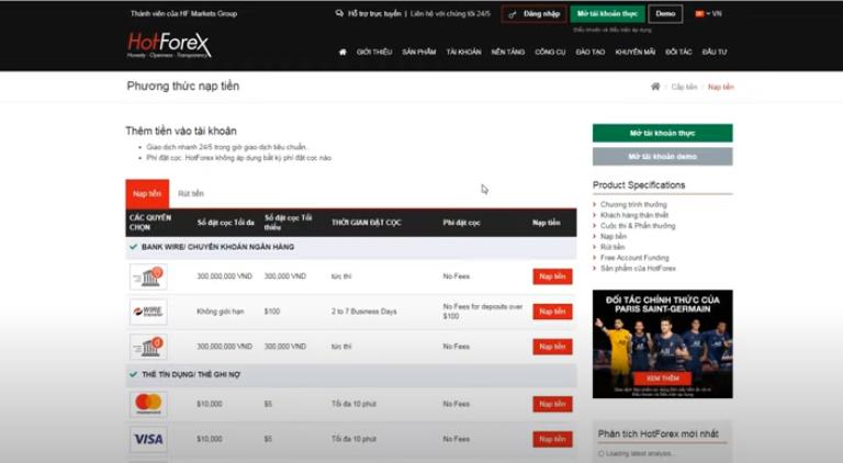 Sàn HotForex có nhiều phương thức nạp rút tiền