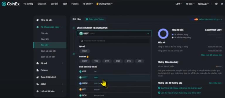 Rút tiền trên sàn CoinEx với 4 bước
