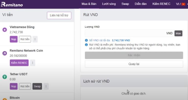 Rút tiền VNDR trên sàn Remitano