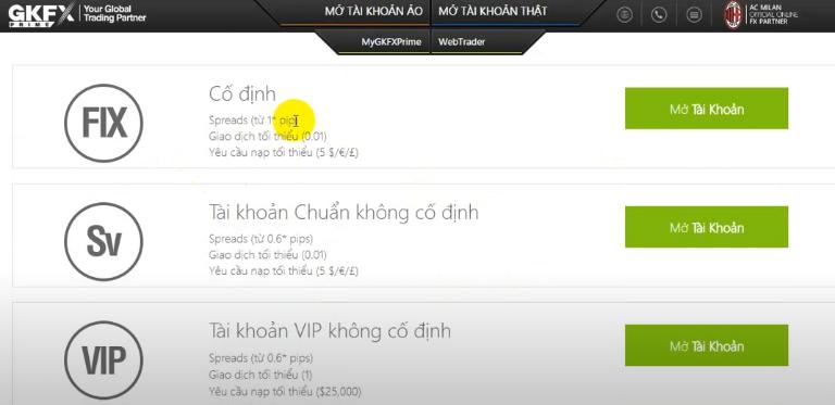Sàn GKFX cun cấp đa dạng loại tài khoản cho nhà đầu tư