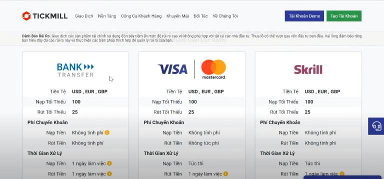 Sàn Tickmill cung cấp nhiều phương thức thanh toán