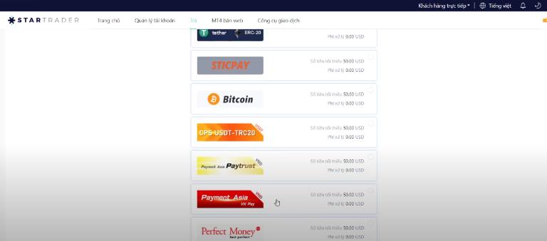 Startrader có đa dạng phương thức nạp rút tiền