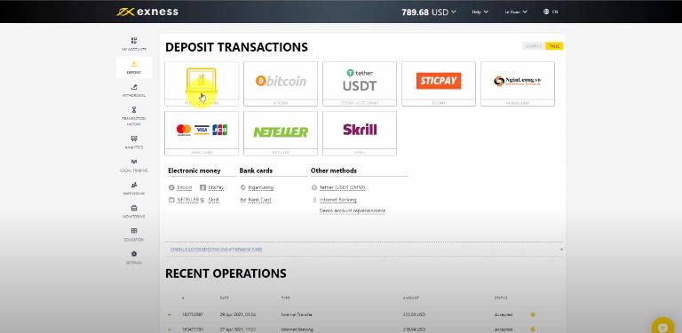 Exness là sàn có nhiều phương thức nạp tiền vào MT4