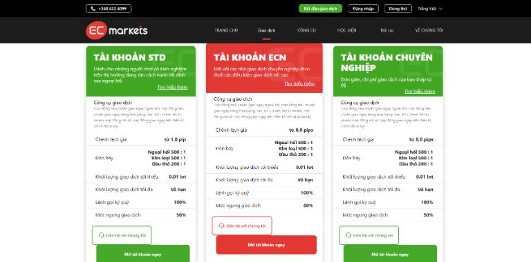 EC Markets cung cấp cho nhà đầu tư 3 loại tài khoản giao dịch chính