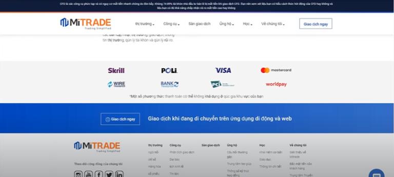 Sàn Mitrade hỗ trợ nhiều phương thức nạp rút tiền cho nhà đầu tư