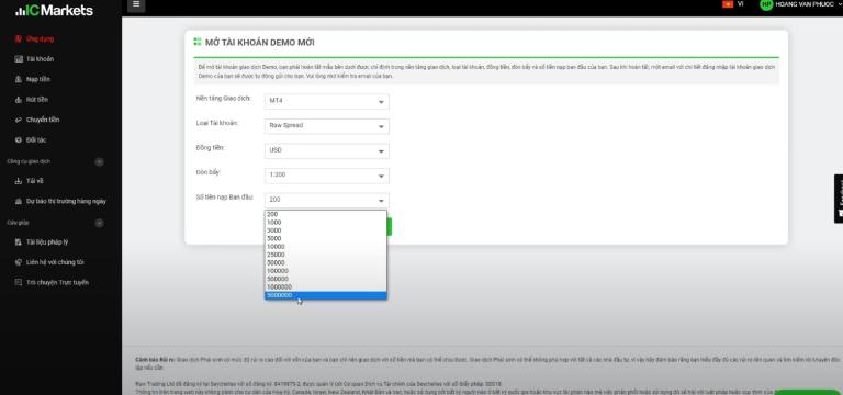Nạp tiền ảo vào tài khoản Demo
