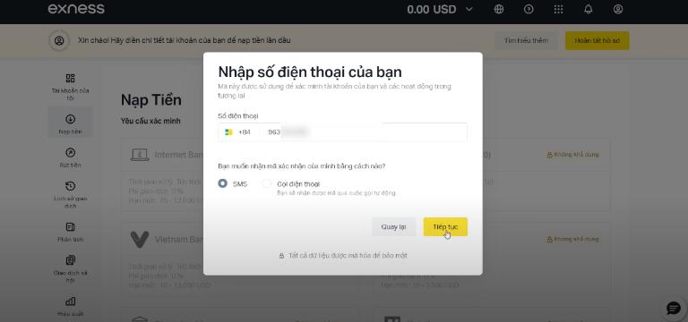 Xác minh số điện thoại đăng ký tài khoản Exness