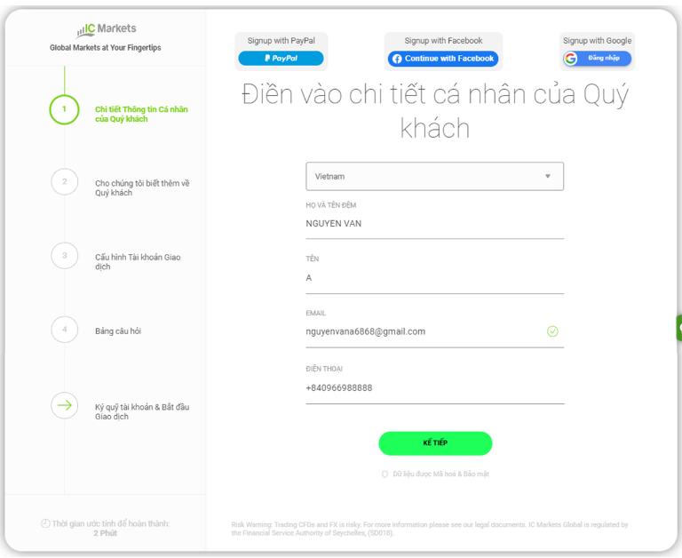 Điền đẩy đủ thông tin cá nhân khi đăng ký tài khoản IC Markets