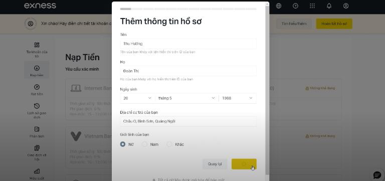 Cập nhật thông tin cá nhân khi đăng ký tài khoản Exness