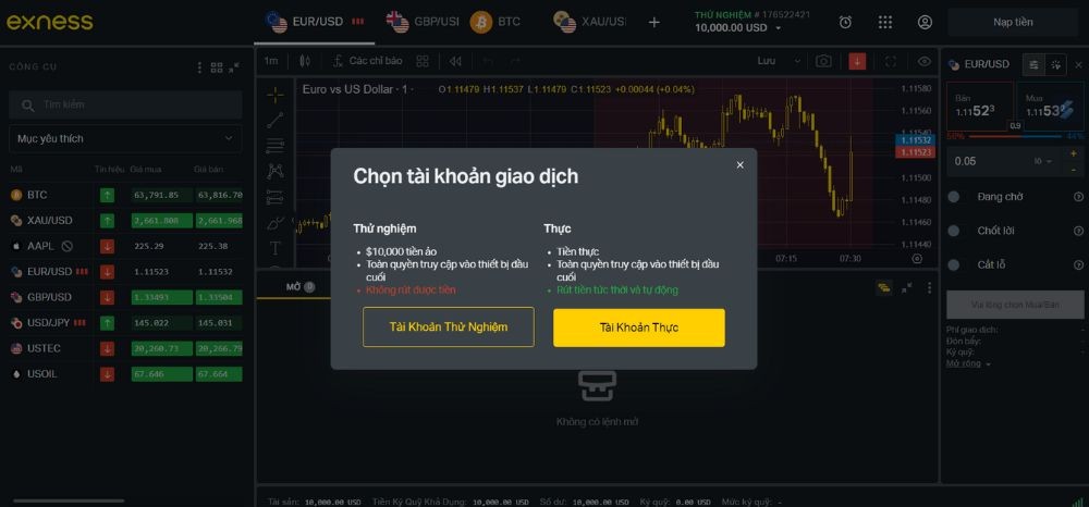 Chọn loại tài khoản Exness