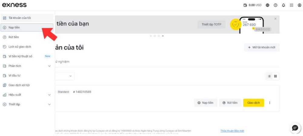 Sàn Exness - Nạp tiền