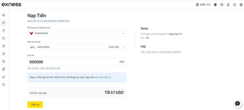Sàn Exness - Nhập số tiền cần nạp