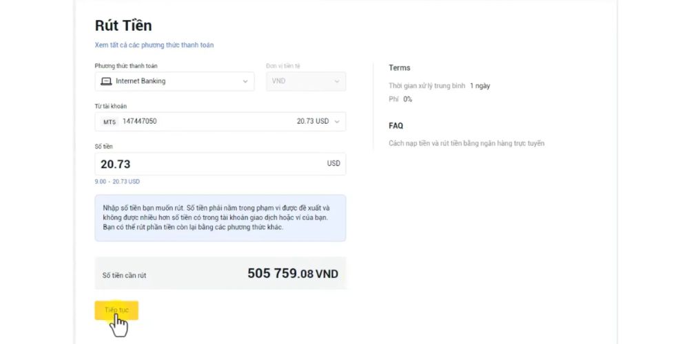 Sàn Exness - Nhập số tiền cần rút