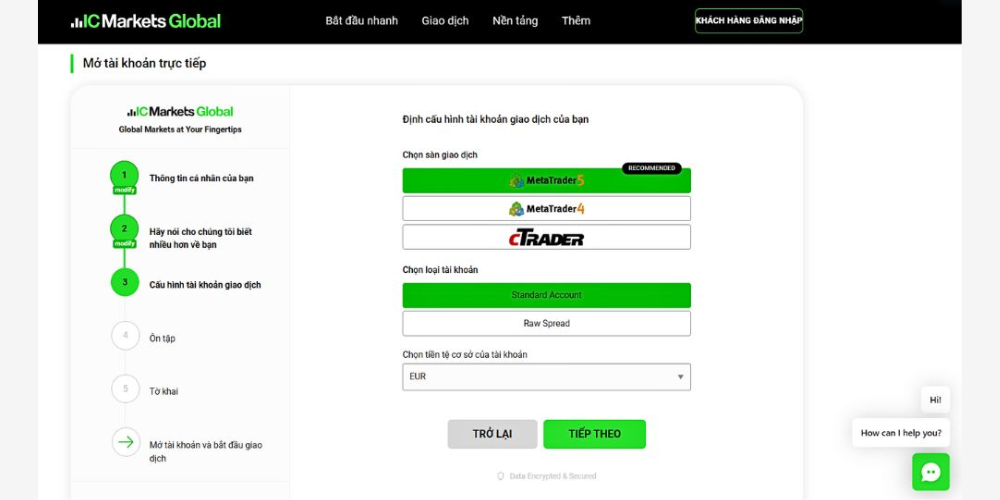 Sàn IC Markets - Cấu hình tài khoản giao dịch
