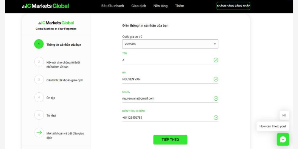 Sàn IC Markets - Điền thông tin cá nhân