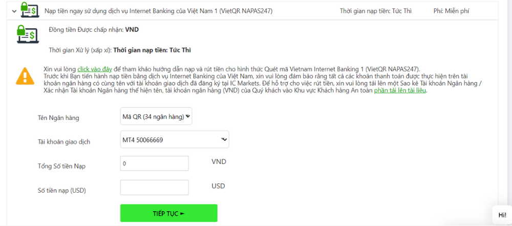 Sàn IC Markets - Nhập số tiền cần nạp