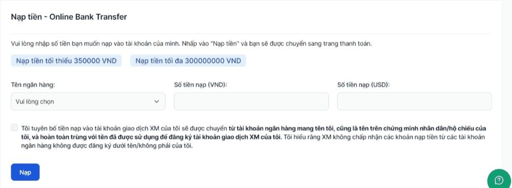 Sàn XM - Nhập thông tin nạp tiền