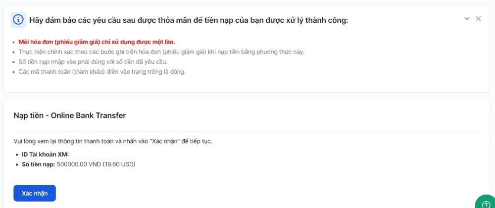 Sàn XM - Xác nhận nạp tiền