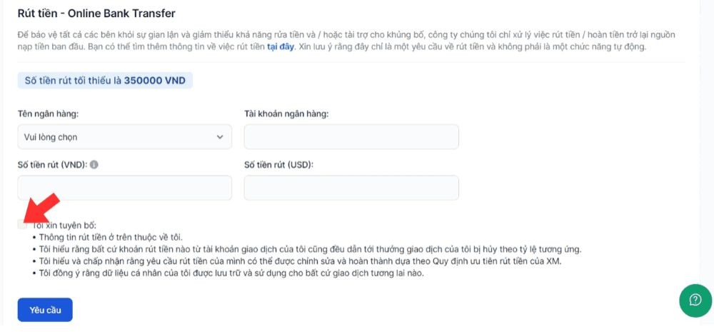 Sàn XM - Yêu cầu rút tiền